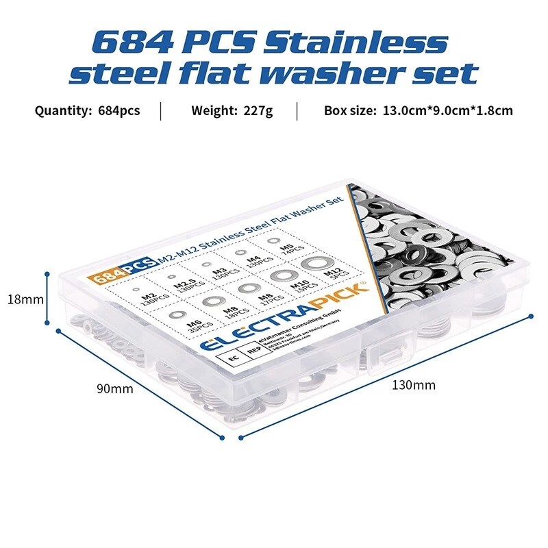 684pcs flat washers stainless steel round repair washer assortment and lock gasket kit m2/m2.5/m3/m4/m5/m6/m8/m10/m12