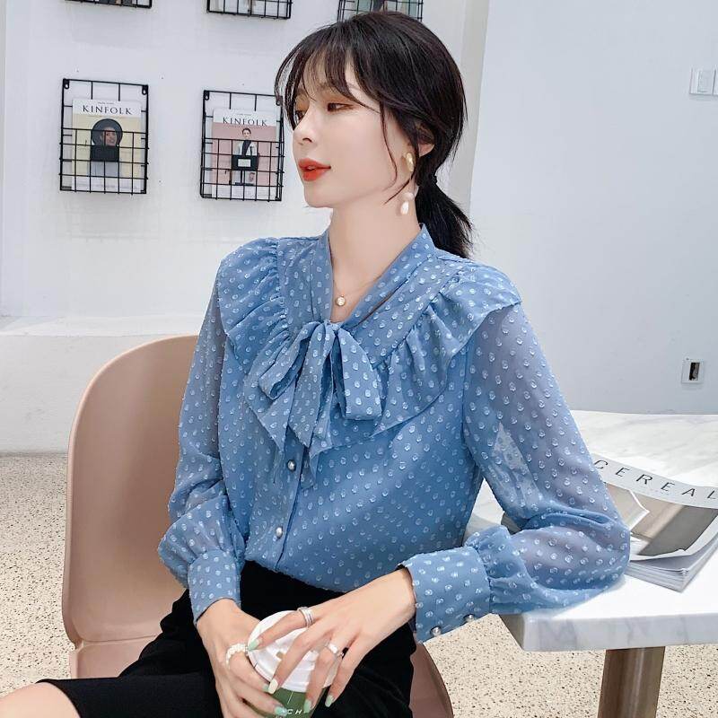 REHIN Women long sleeve shirt Korean version Ruffle splice Wave point chiffon blouse