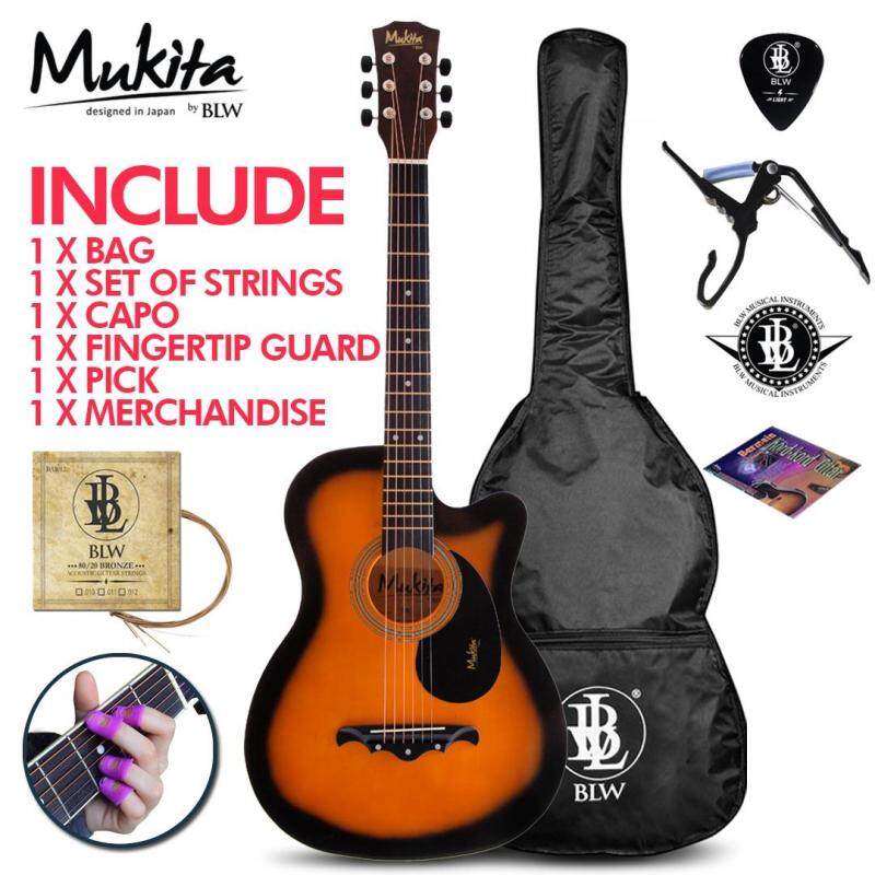 Mukita by BLW Standard Acoustic Folk Cutaway Basic Guitar Package 38 Inch for beginners with Bag, String Set, Fingertip Guard, Capo, Chord book, Pick and Merchandise Sticker (Sunburst) Malaysia
