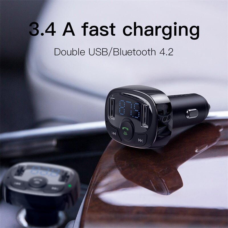 Bộ phát sóng FM Baseus Bộ phát sóng FM Bluetooth Bộ điều hợp radio không dây Bộ phụ kiện trên ô tô với bộ sạc USB kép trên ô tô Máy nghe nhạc MP3 Hỗ trợ thẻ TF / Đĩa USB