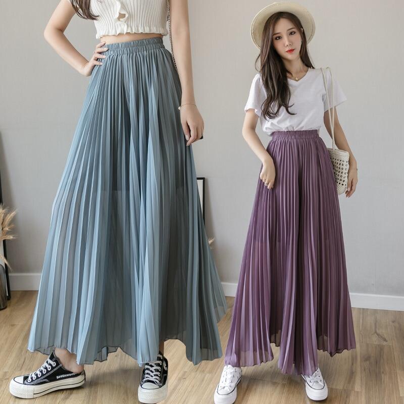 Summer Wide Leg Flared Palazzo 9 Points Loose Chiffon Pleated Pants for  Women S M L XL (with Lining)