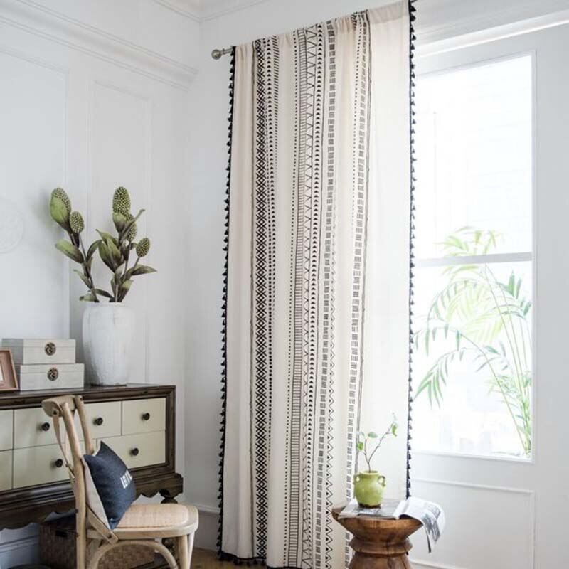 Curtain Window Cotton Linen Printing Black Tassel Bohemia Style Kitchen Curtain Bay Window Curtains Balcony Curtains With Holes with Rings