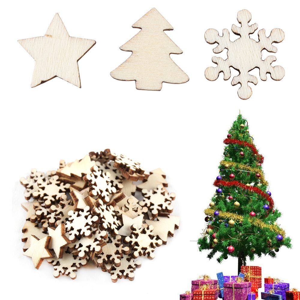 50Pcs Christmas Wooden Pendants Ornaments DIY Wood Crafts Xmas Tree Ornaments Snowflake Christmas Party Decoration