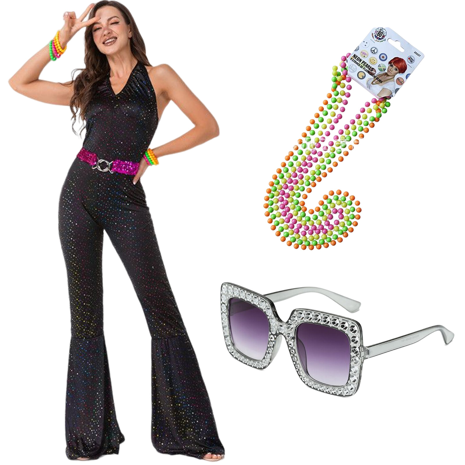 Cheng Women S 70s Disco Costume Sparkly Halter Wide Leg Lazada Singapore