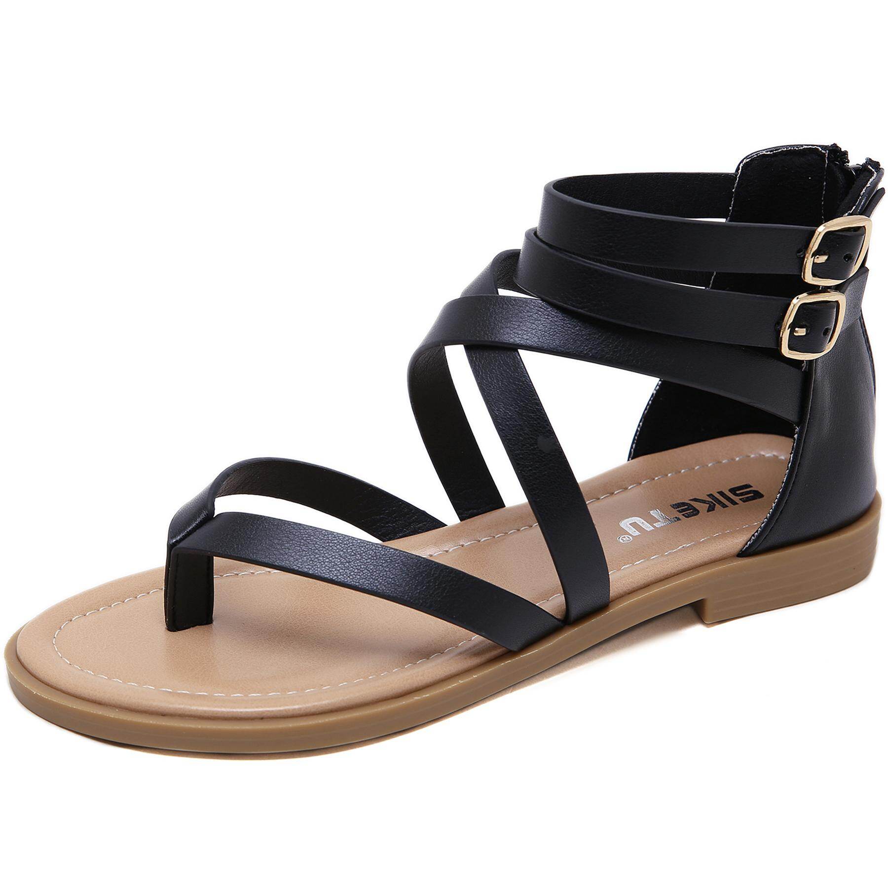 35-42 Strap Sandals Leather Upper Flat Shoes Women Dinner Dress Party  Strapy Ladies Shoes Roman Clip Toe Low Heel Office Wear Rubber Sole