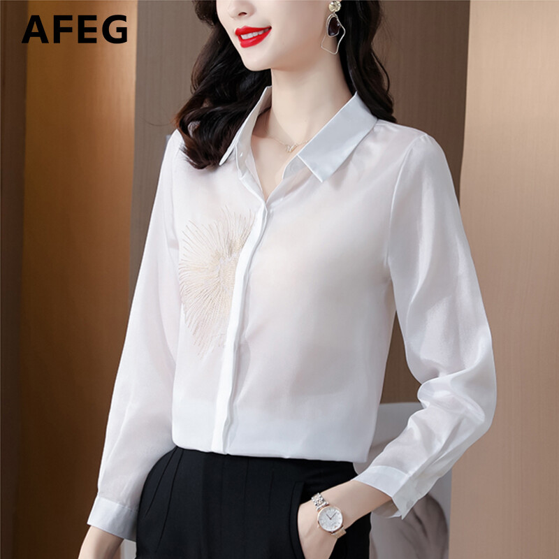 AFEG new Korean fashion slim long-sleeved blouse with embroidered satin for women