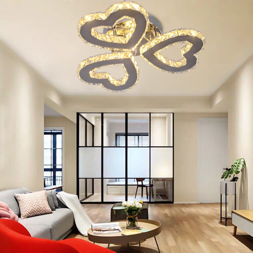 Modern Crystal Chandelier LED Ceiling Light 3-Heart Shape Chandelier Lighting Fixture Flush Mount Pendant Light for Bedroom Living Room Hallway Hobby,Warm White