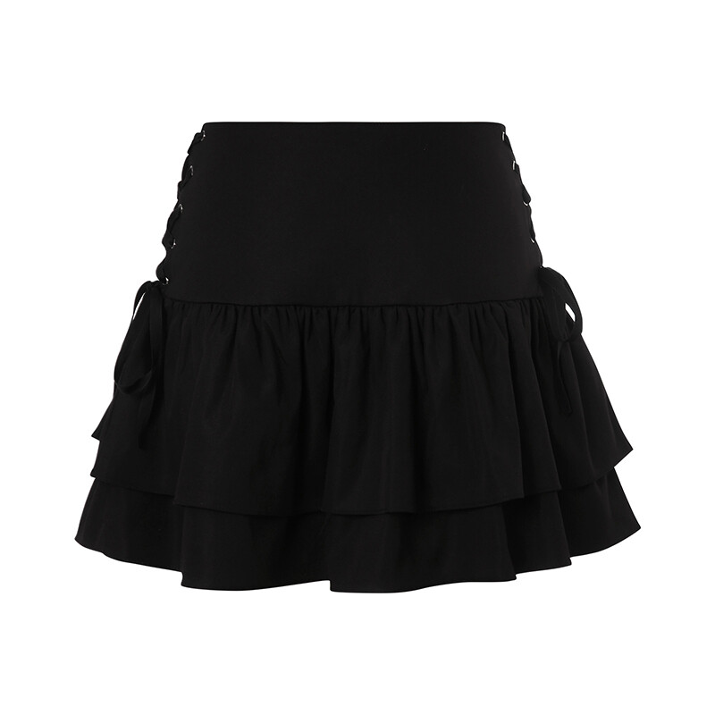 beautifultime Y2K High Street Womens Ruffle Mini Skirt High Waist Solid Color Criss Cross Tie Up Hollow Out A-Line Short Skirts