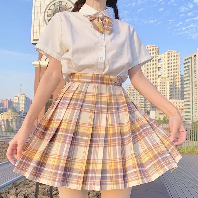 【Gift Bowknot】 Japanese College Style Pleated Skirts Collection Check Skirt JK Uniform Sailor Suit Female Student Class Service Short Sleeve Shirt + Short Skirt + Bow 2pcs Suit