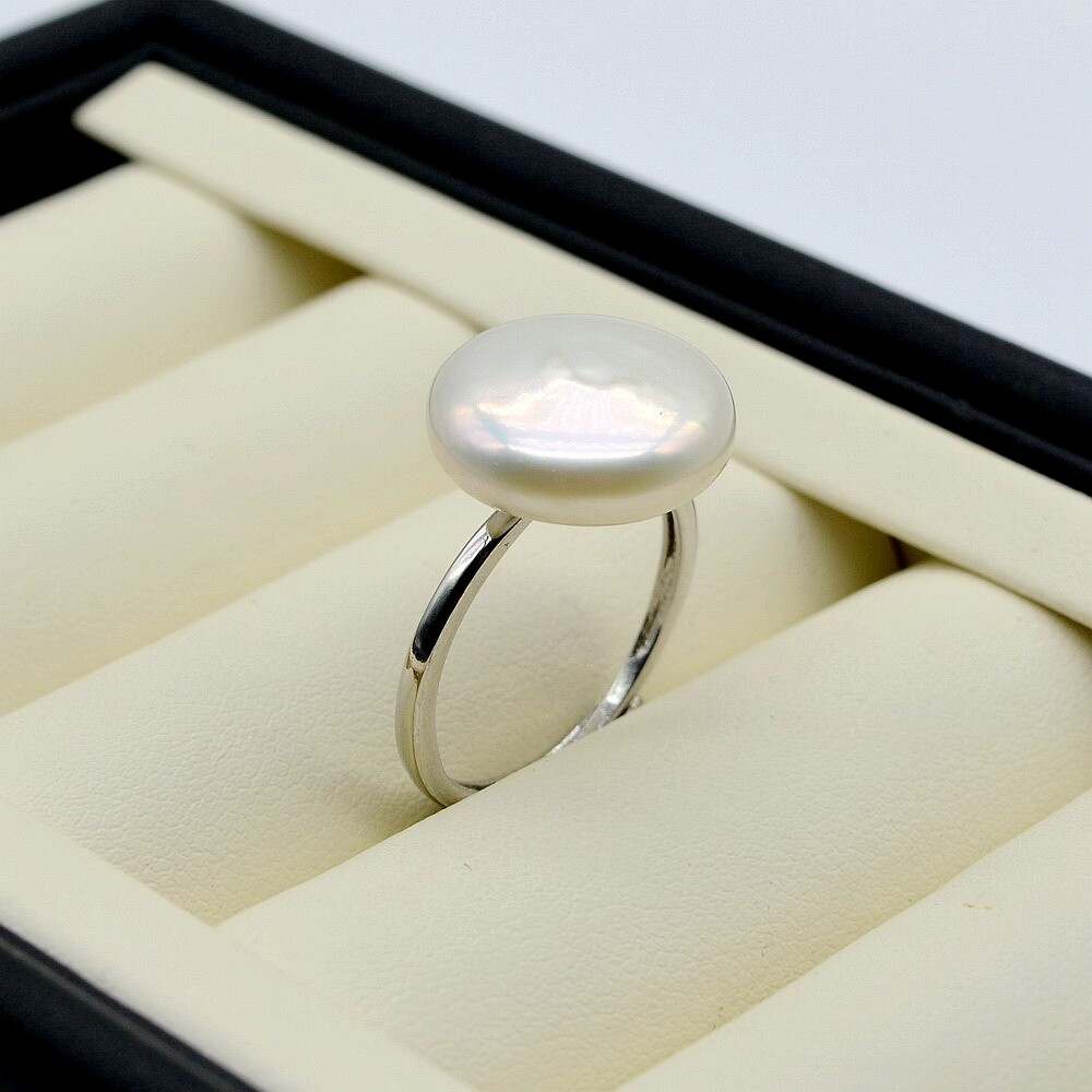 Women's Ring Natural Freshwater Pearl Silver Coin Shape Baroque Style Adjustable Size Pearl Ring Mother's Gift