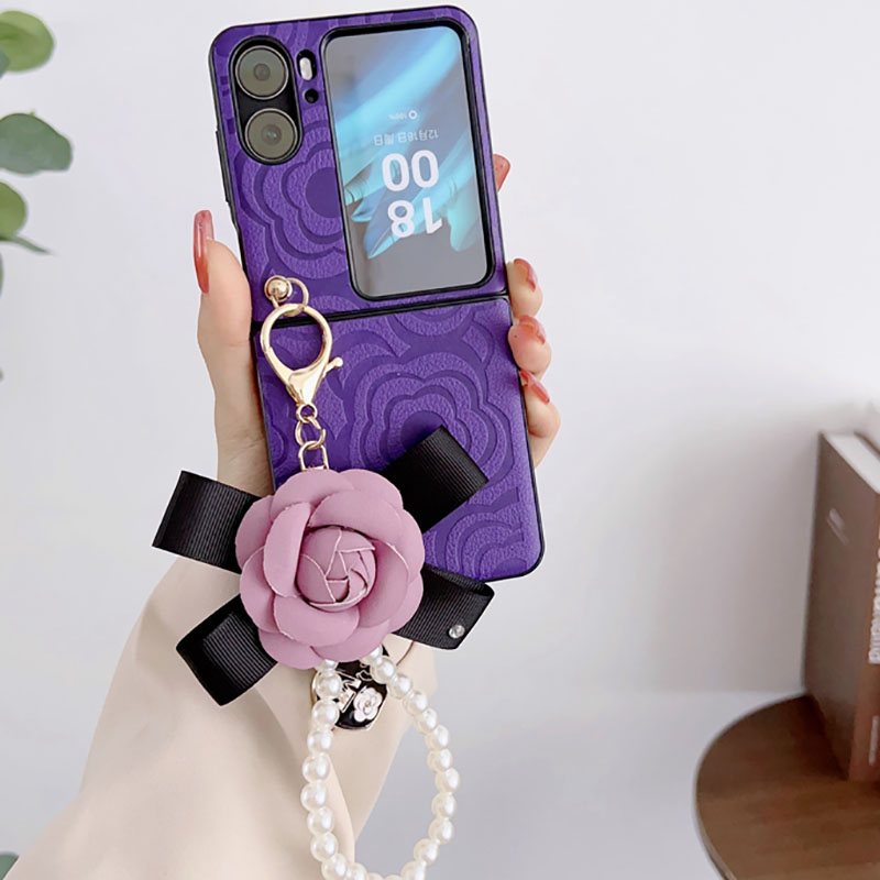 HOCE Camellia Pattern Decorative Phone Case for OPPO Find N2 Flip Cases Luxury Leather with Hand Strap Shockproof Back Cover for N2Flip Shell
