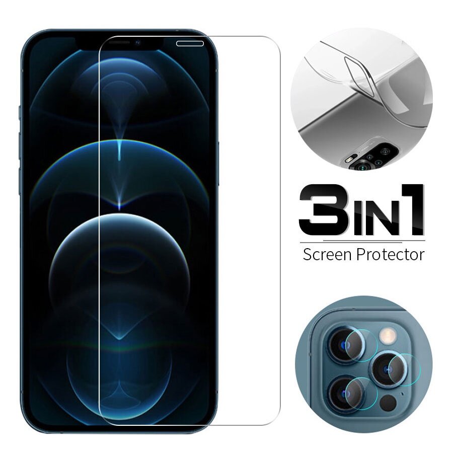 3-in-1 Kính cường lực cho iPhone 13 12 11 Pro XS Max Mini XR X 6 6S 7 8 Plus SE Mặt trước và mặt sau và ống kính máy ảnh Bảo vệ màn hình bằng kính cường lực Phim PPF