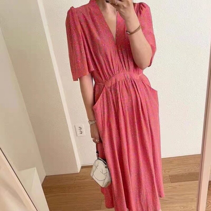 2025新款韩式连衣裙品牌 NUOVPAUL v领口袋绑带短袖碎花连衣裙女