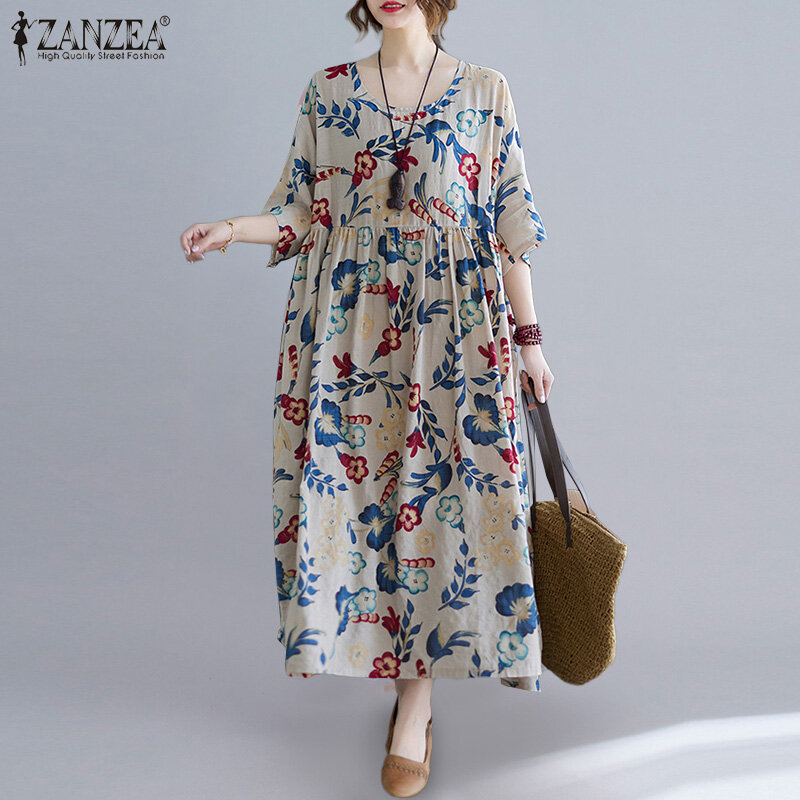 [Free Shipping] ZANZEA Women Summer Half Sleeve Printed Sundress Casual Loose Long Maxi Dress