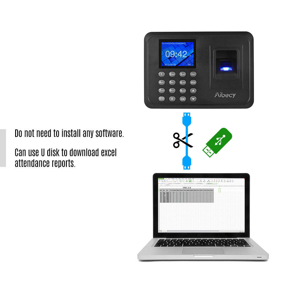 Aibecy Biometric Fingerprint Password Attendance Machine Multi-language with 2.4 inch LCD Screen Employee Management Time Clock Checking-in Recorder Support U Disk to Download Data