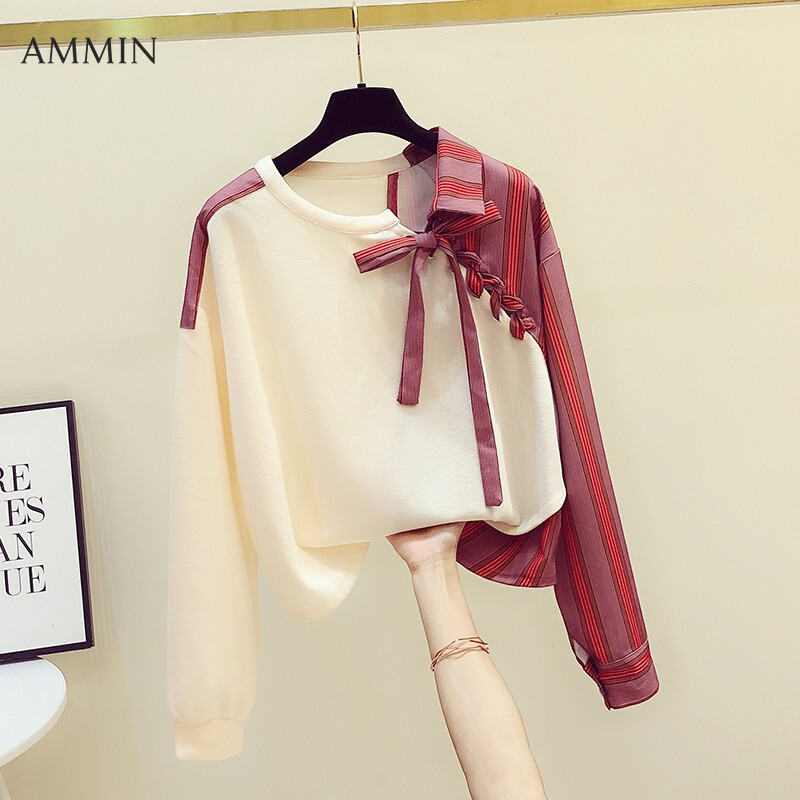 AMMIN Korean style striped stitching strappy puff sleeve cotton T-shirt women's autumn 2021 new round neck loose fake two-piece irregular long-sleeved sweet and elegant female chic tops