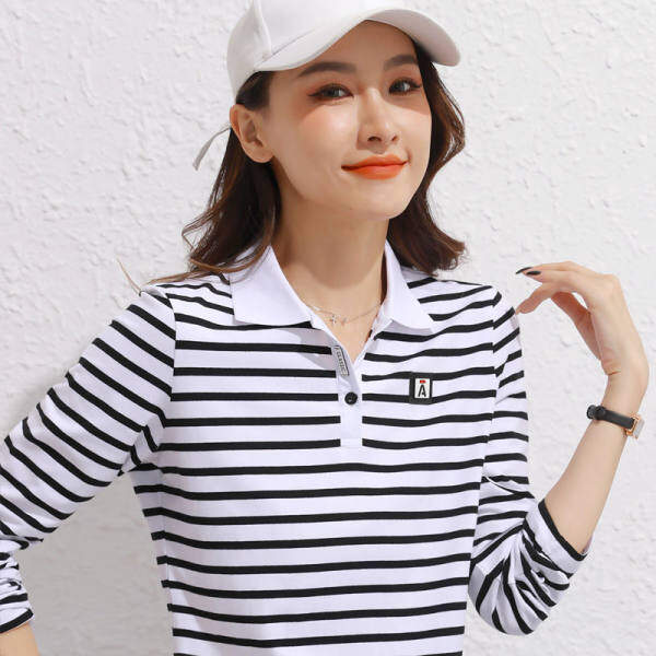 M-5XL Plus size Spring and Autumn Stand collar Stripe T-shirts Women Sport Polo shirt Long sleeve Korean New casual Bottoming tops women Shirt fashion
