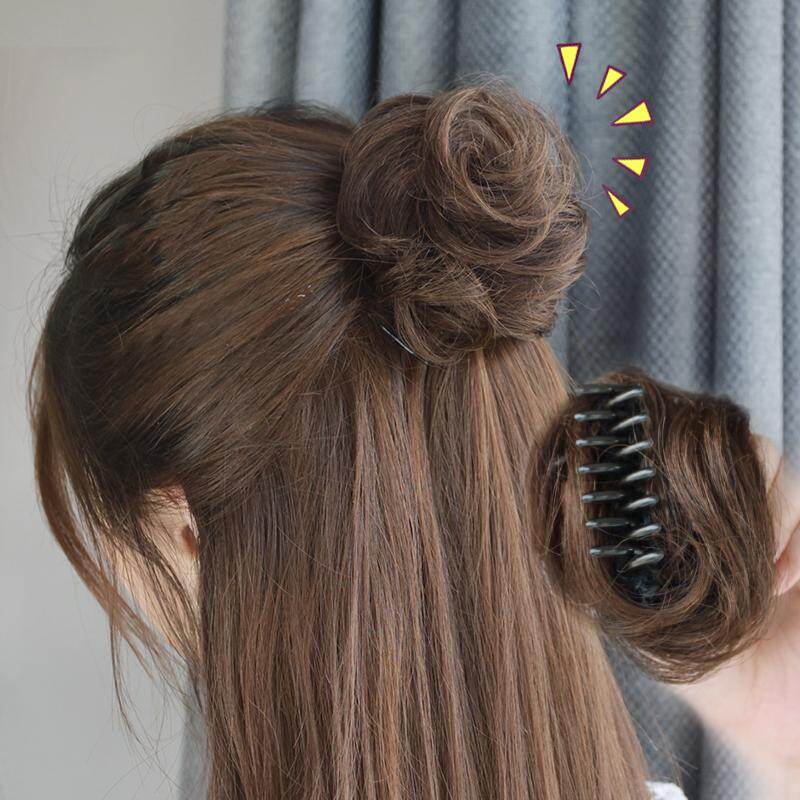 Women Lady Wavy Curly Real Human Hair Fluffy Dark Brown Color Buns