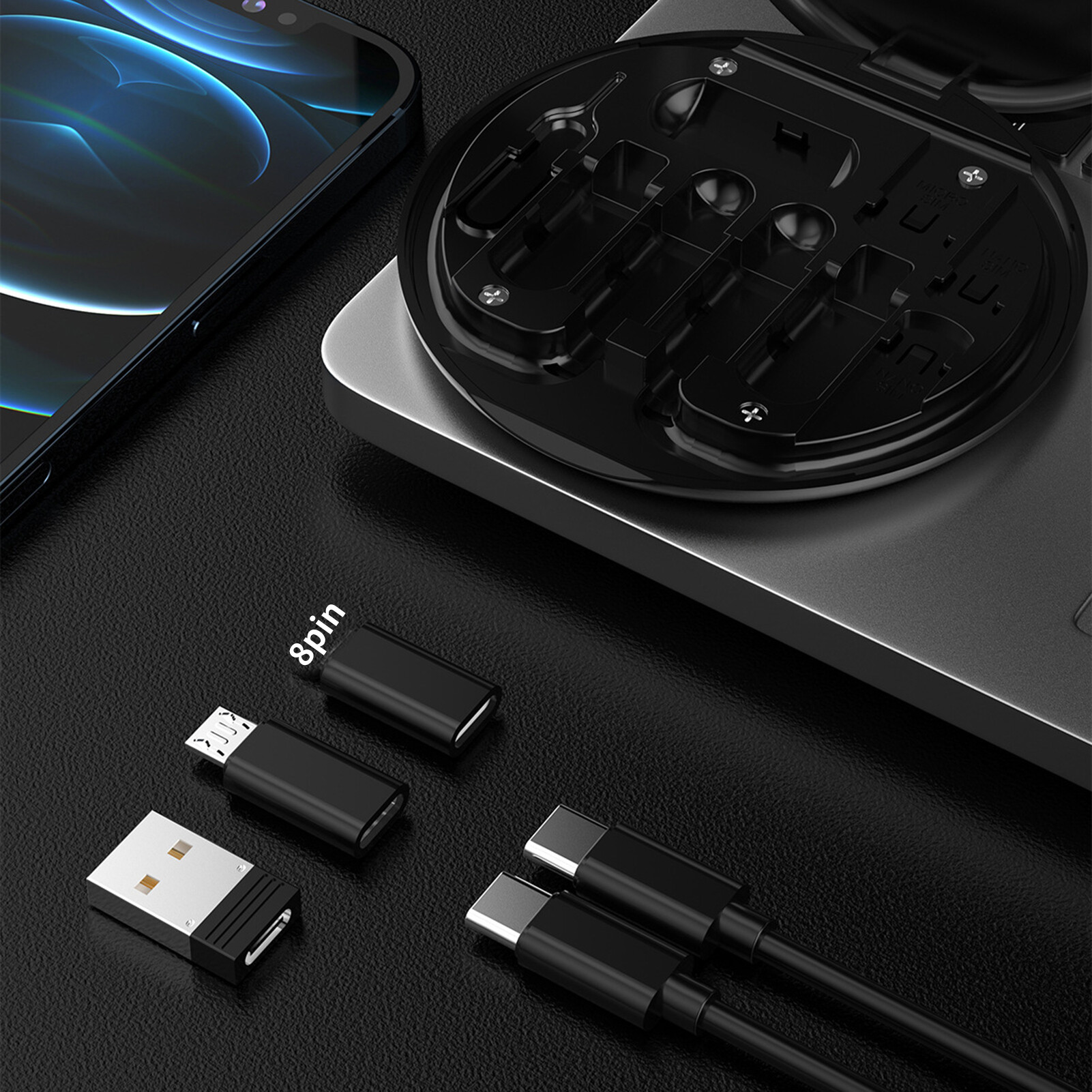 Data Cable Storage Box Multi-purpose Dust-proof Portable Multi-Type Charging Line Convertor Card Slot Tray Eject Pin Organizer for Travel Data Cable Storage