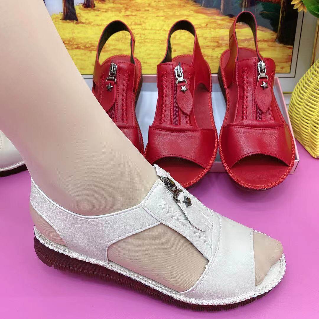 Sandals Women's Flat Leather Soft Bottom Middle-aged Middle-aged Middle-aged and Elderly Beef Tendon Sole Comfortable Shoes Women