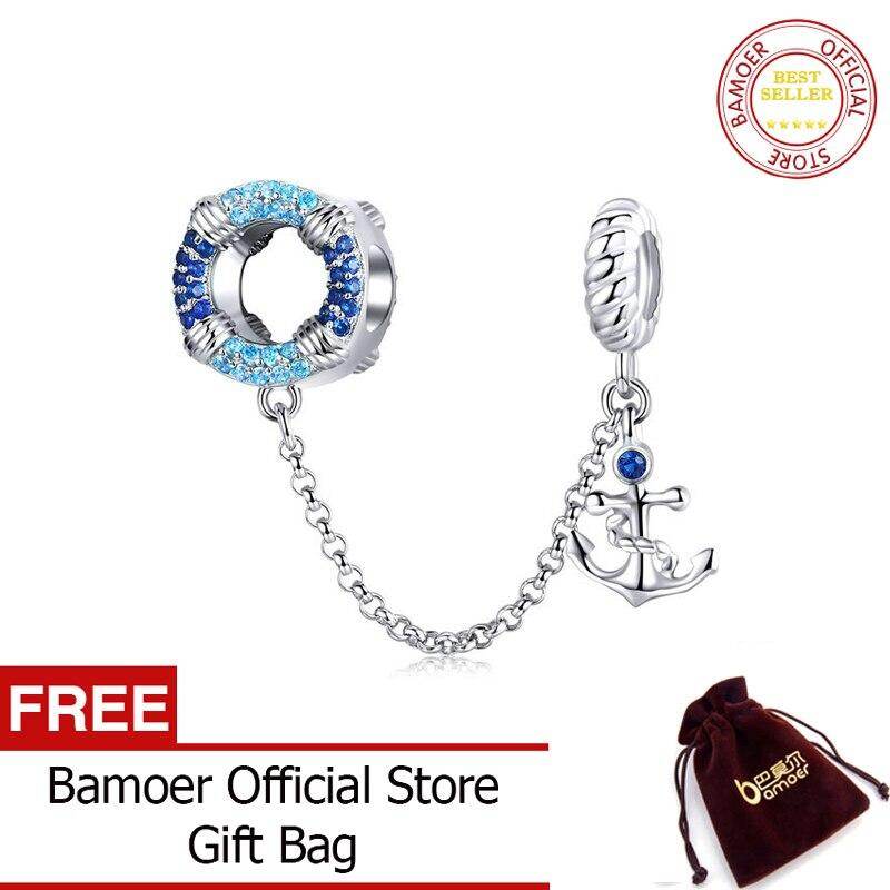 BAMOER Genuine 925 Sterling Silver Sea Blue Anchor Pendant Chain fit Charms Bracelets for Women Jewelry SCC1149