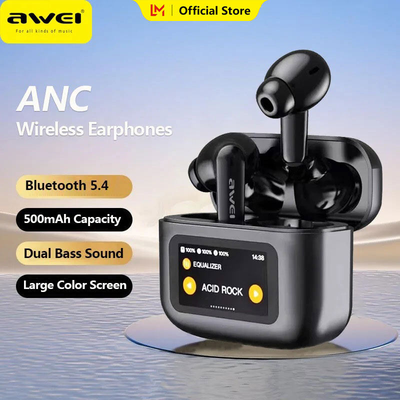Awei T56 ANC Large color Screen Bluetooth earphone -35dB EQ model selection bluetooth 5.4 with Earphones search Wallpaper selection Spatial sound effect selection wireless earbuds