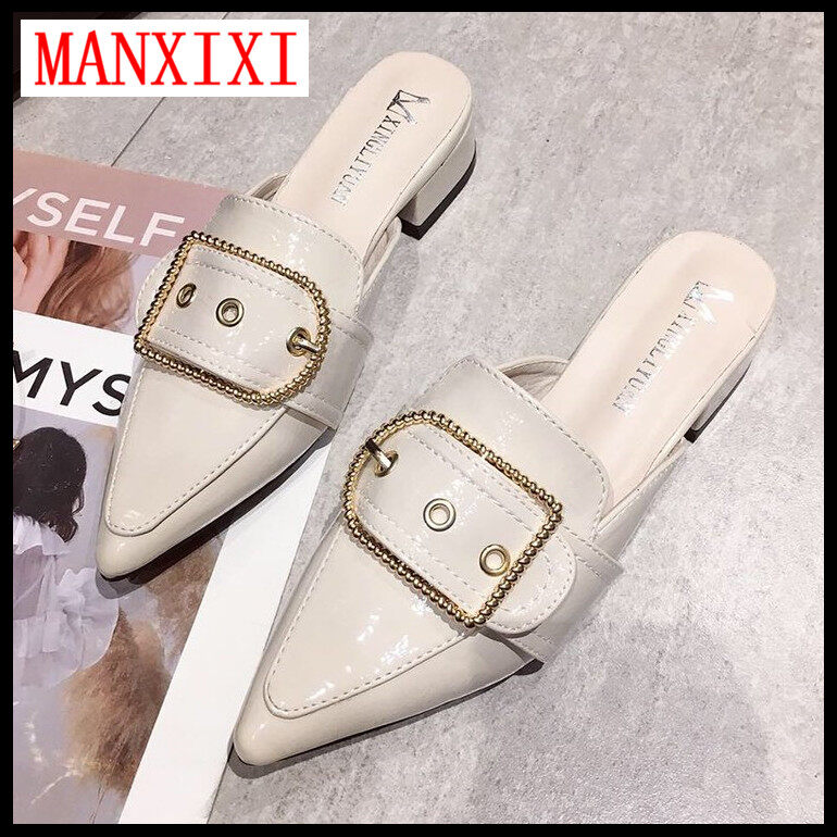 MANXIXI Brand Korean Version Slippers Fashion Mules Shoes Young Style Beautiful Low Heel 1.57 Inches Flat Leather Sandals For Women (35-40 Size)