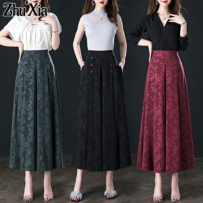 Zhu Xia Imitation ice silk jacquard culottes mother nine-point wide-leg pants women's summer thin pants skirt thin wide-leg pants drape casual pants