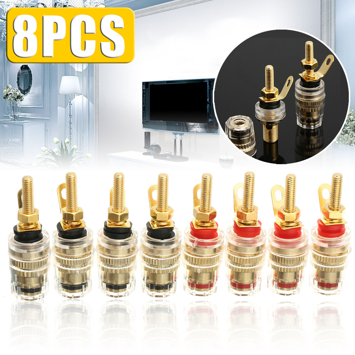 BOKALI 8pcs 42MM Gold Plated Speaker Terminal Binding Post Amplifier Connector Plug