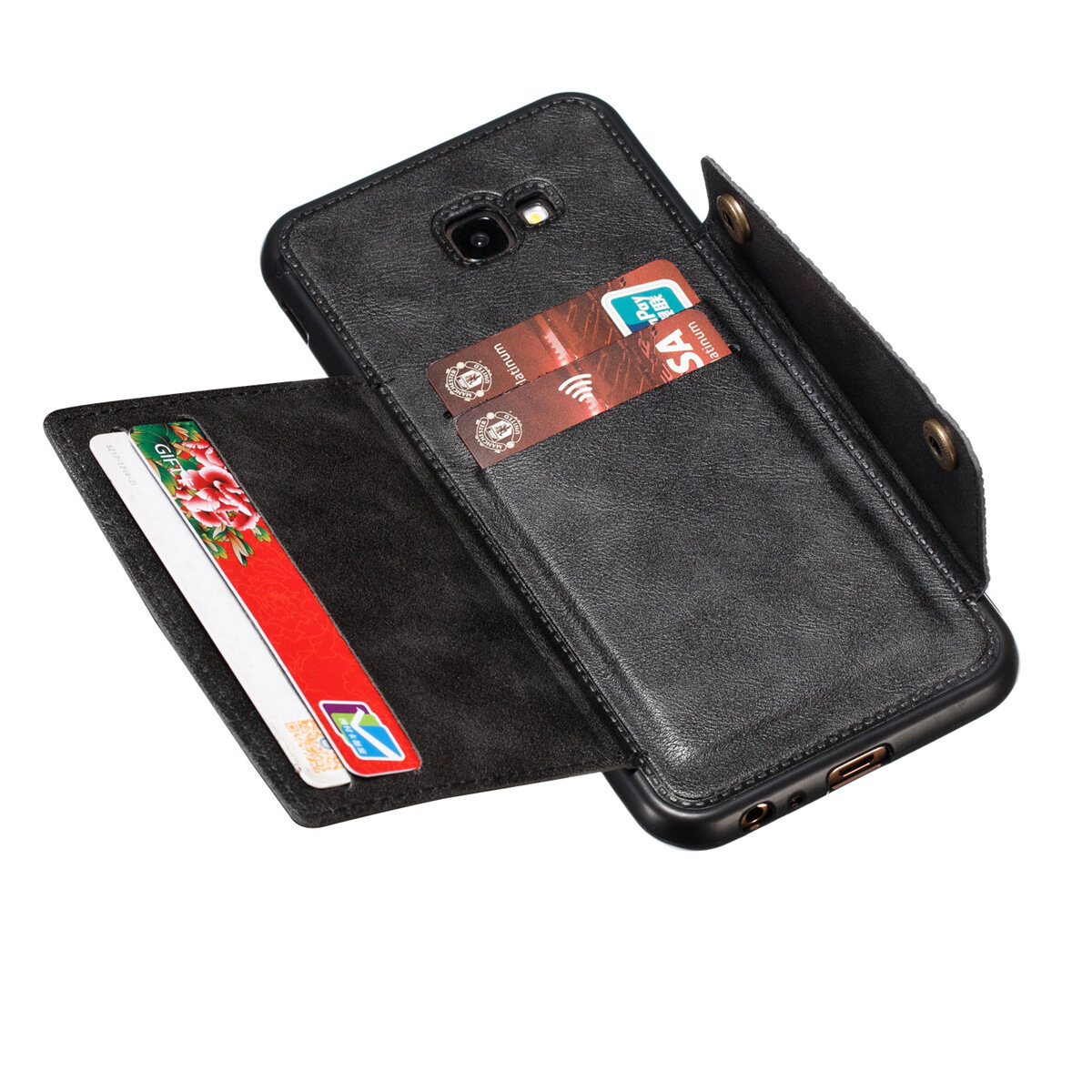 Cho Samsung J4 + j4plus da trường hợp nhiều Folio lật Bìa Wallet trở lại trường hợp vỏ, có thể làm việc với gắn trên xe hơi, ẩn thẻ tín dụng ID khe giữ, retro nút kim loại clasp, đứng hỗ trợ
