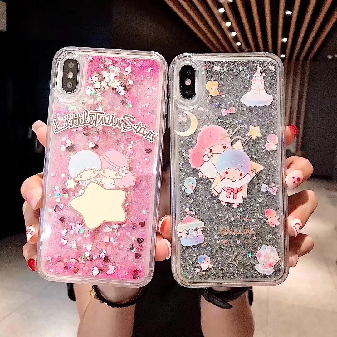 Cartoon kawaii gemini little twins stars mobile phone case with bling bling glitter quicksand for iphone 15 pro max 14 pro max 14 plus 13 pro max 12 pro max 11 pro max phone back cover for iphone x xr xs max 6 6s 7 8 plus back shell