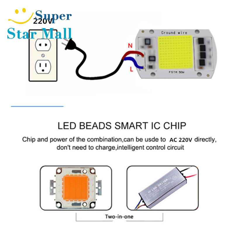 Supermall AC 220V 20W/30W/50W Free Driver High Pressure LED Chip COB Light Source