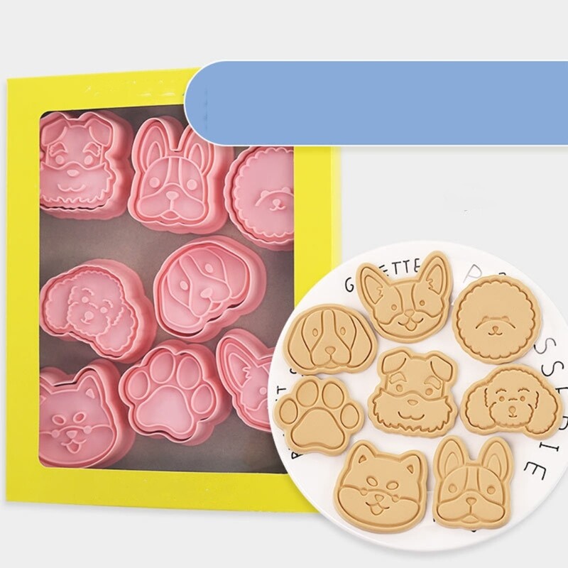 8Pcs Cute Dogs Head Pattern Cookie Cutters Set Cartoon Pressable Biscuits Mold Plastic Cookie Stamps DIY Baking Tool