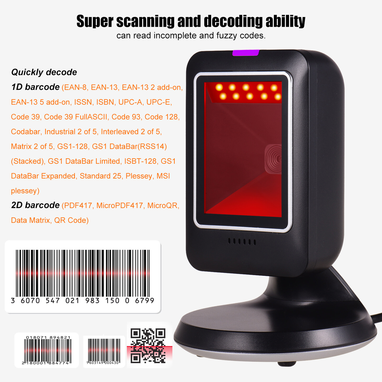 KKmoon MP6300Y 1D/2D/QR Omnidirectional Barcode Scanner USB Wired Bar Code Reader CMOS Image Hand-Free for Supermarket Bookstore Retail Hospital