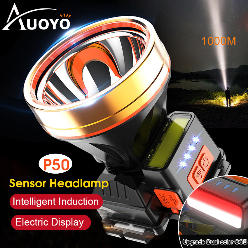 Auoyo Đèn pin đội đầu led siêu sáng - kín nước - pin sạc dung lượng cao