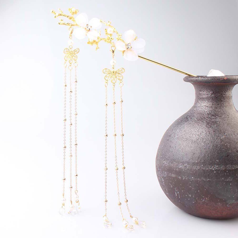 NXUGW Vintage Antique Pearl Butterfly Beads Plum Blossom Branch Flower Hair Sticks Hanfu Hair Accessories Hair Fork Tassel Hairpin