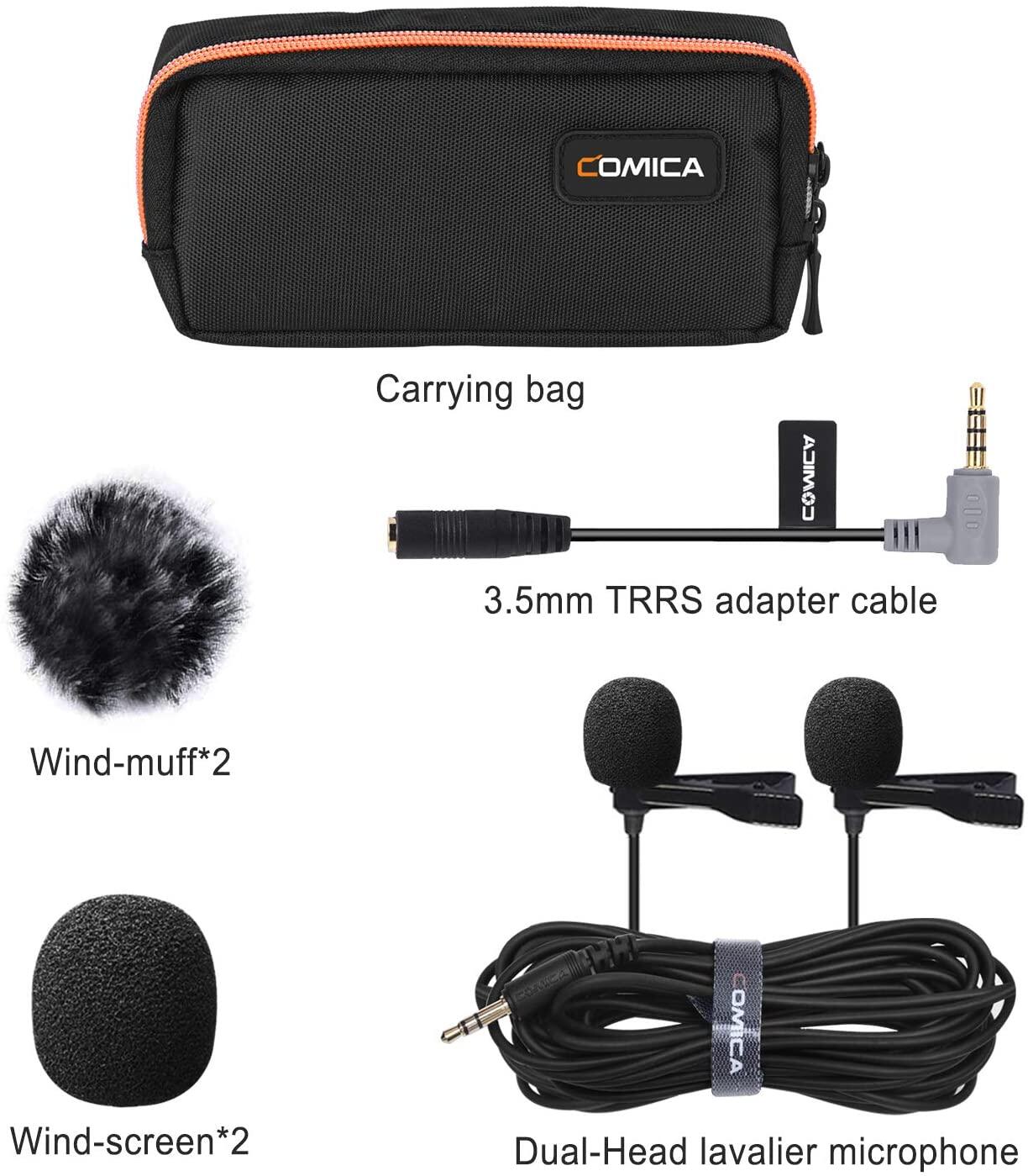 Comica CVM-D02B Dual-head Wired Lapel Microphone Lavalier Condenser Microphone Omnidirectional Double Lav Mic for Phone Camera Gopro(3.5mm TRS)