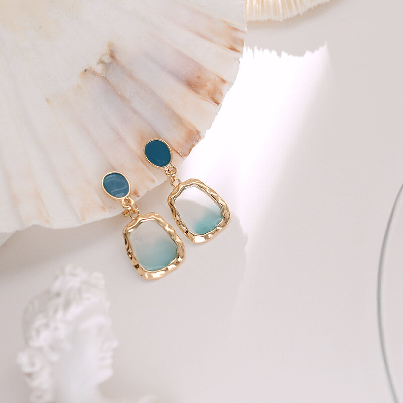 T-B Korean Blue Transparent Stud Earrings Geometric Simple Temperamental Fairy Fresh Girl Earrings Non-Piercing Ear Clip