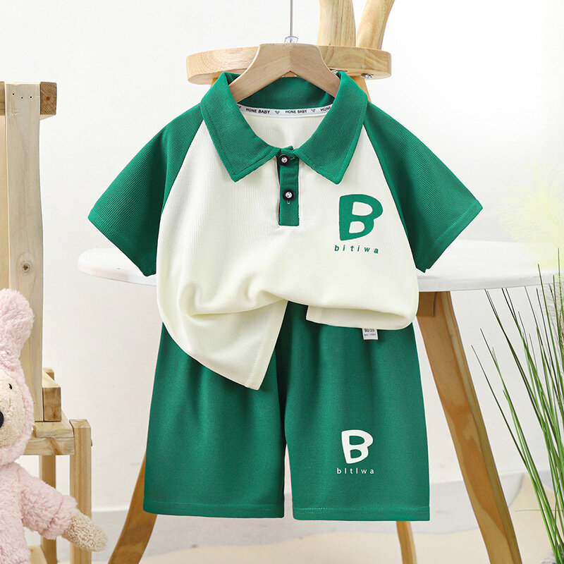 IQANGEL Children's fashion color matching short sleeve suit Summer Thin Waffle Shorts Set
