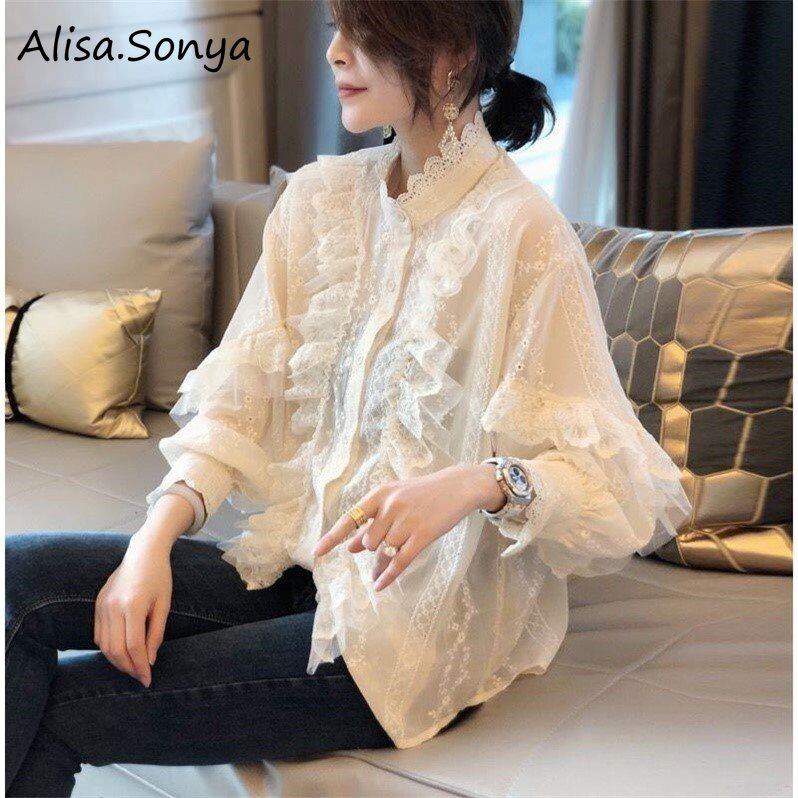 Alisa.Sonya  Women Lace Ruffle Neck Stand-Up Collar Victoria Ruffle Bow Long Sleeve Elegant Blouse