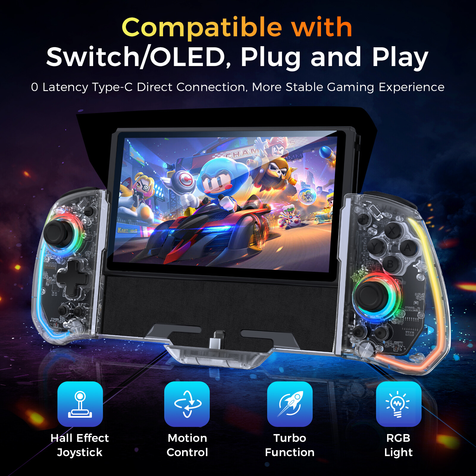 IINE Switch Handheld Controller One-Piece Joypad Controller with Hall Effect Joystick, RGB Light/Motion Control for Nintendo Switch/OLED