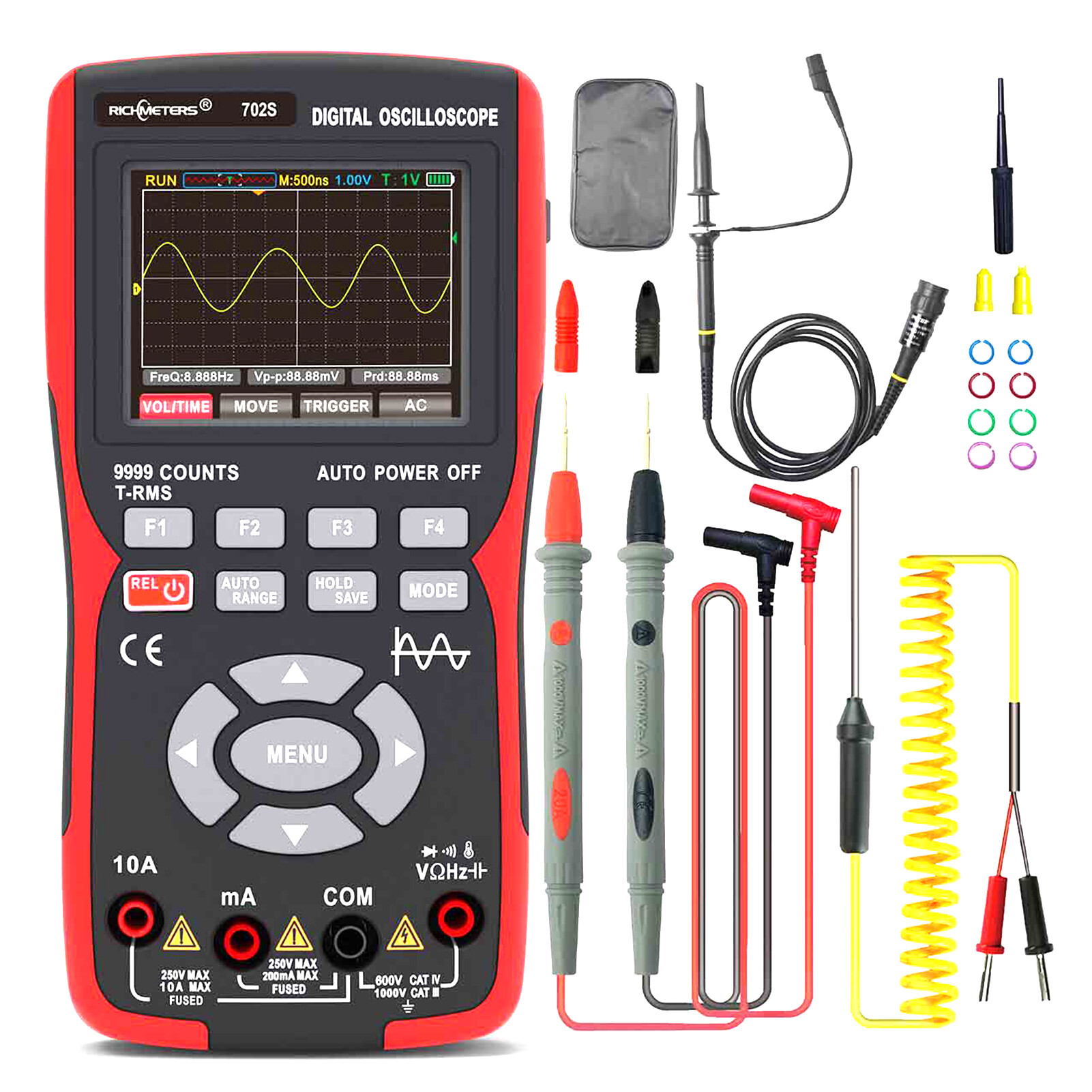 SMART SENSOR Oscilloscope Multimeter Handheld LCD Digital Multimeter & Oscillometer 2-in-1 Universal Meter Scope Meter 9999 Counts 10MHz 48MSa/s Single Channel Measuring AC/DC Voltage & Current Resistance Capacitance Frequency Temperature Diode Continuity