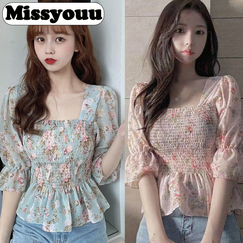 Missyouu Women Fashion Floral Square Collar Sweet Short Sleeves Chiffon Blouse