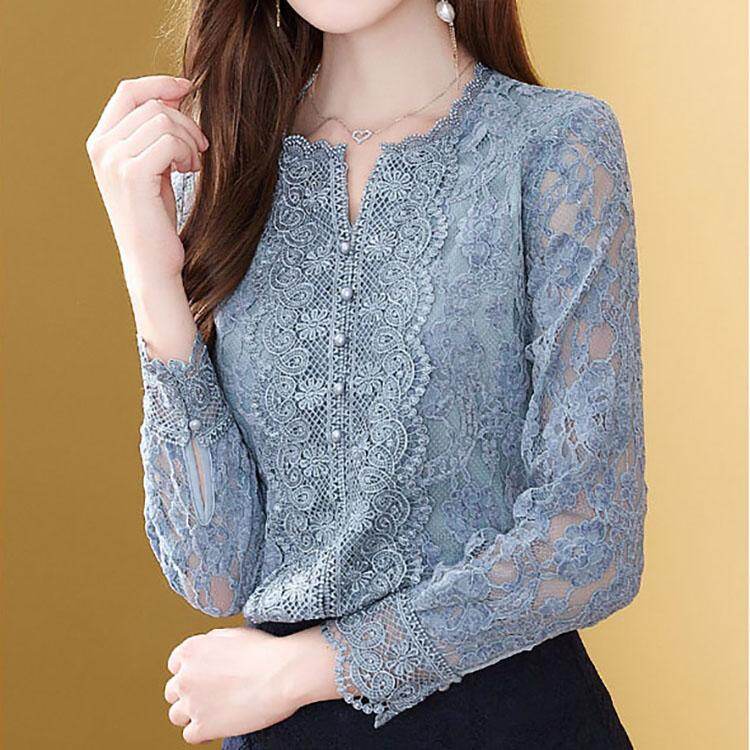 Women long-sleeve blouse Chic lace belly Thin slim elegant All-match shirt 2019 autumn new Top