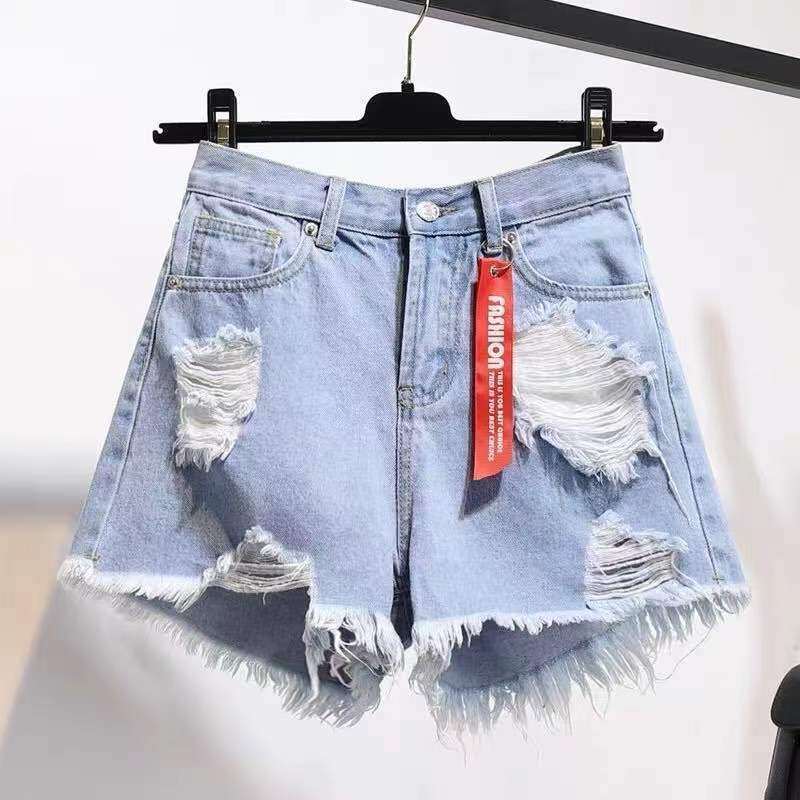 High Waist Denim Shorts Women's Summer Loose Korean Version New Large Women's Apparel Slim Broken Shorts Women's Versatile Hot Pants