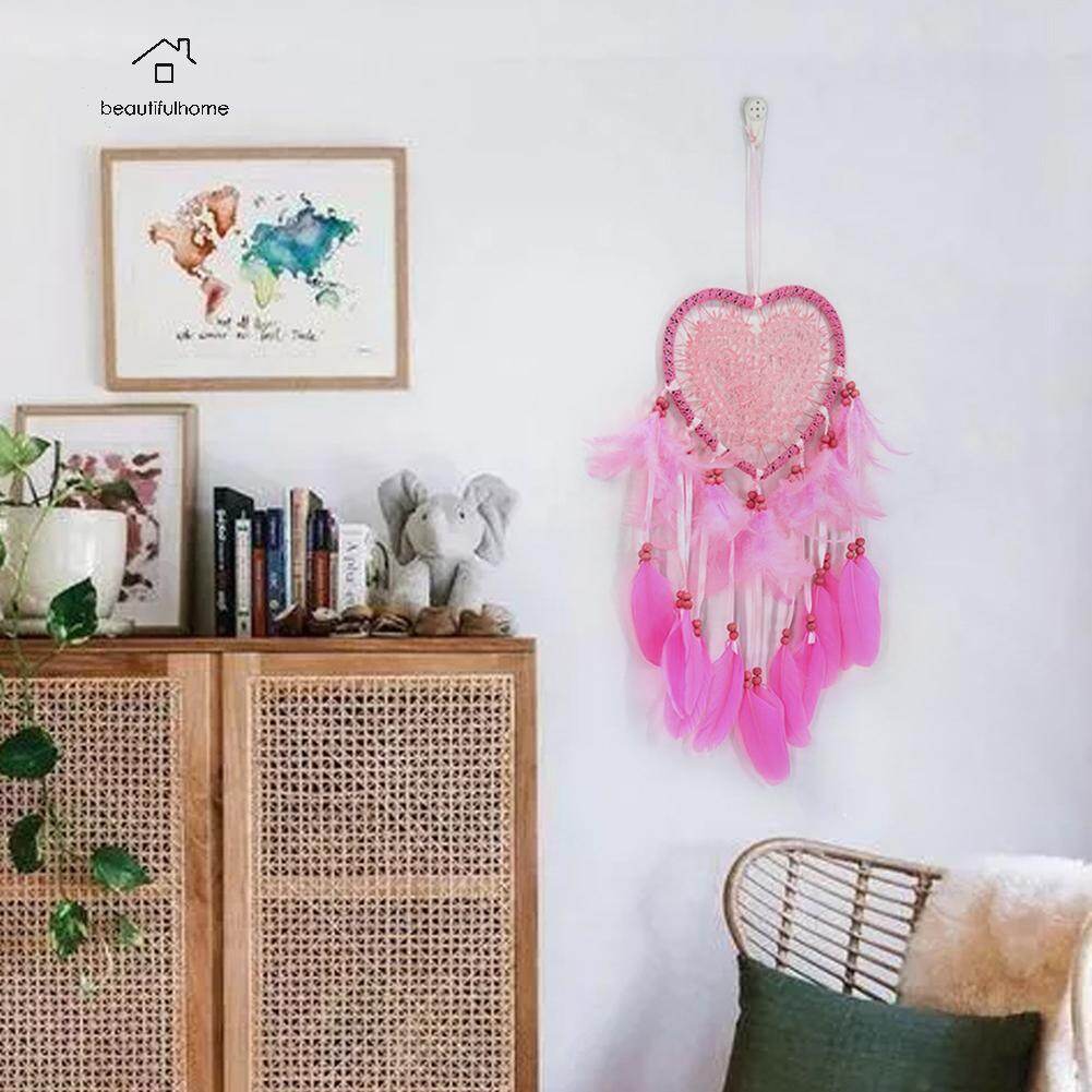 Beautifulhome Exquisite Feather Wind Bell Dreamcatcher Flower Lace Handmade Craft Wedding Party Room LED Pendent Hanging Decoration