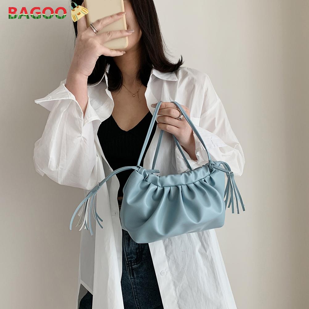 BAGOO แฟชั่นหนังนุ่มจีบกระเป๋าสะพายไหล่ผู้หญิงสีทึบสายเชือกดึงมีพู่ ...