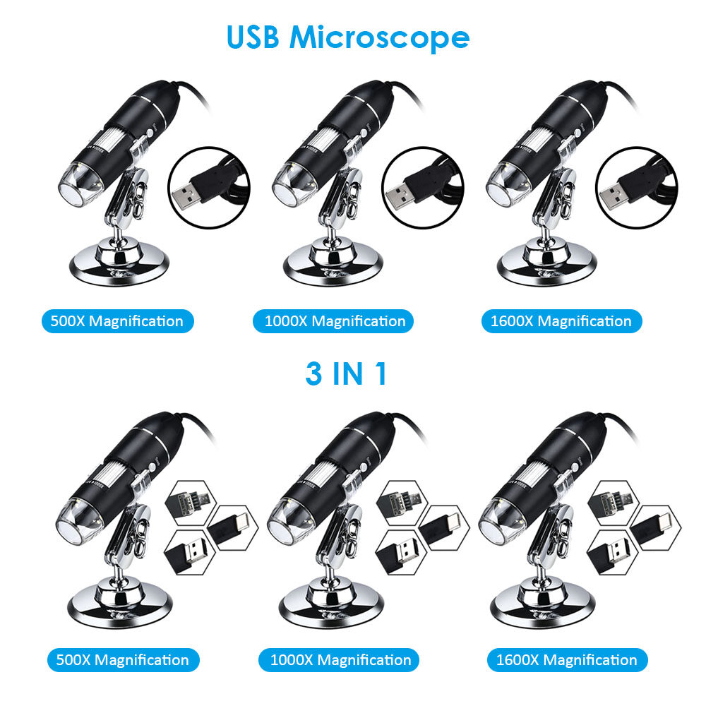 Kính Hiển Vi Kỹ Thuật Số KKmoon 3 Trong 1 USB & MICRO USB & Type-C Camera Phóng Đại 1600X 8 Đèn LED Có Chân Đế, Tương Thích Với Kính Lúp Kiểm Tra Cầm Tay Android Windows/XP Win 7 8 10 Vista Linux Mac