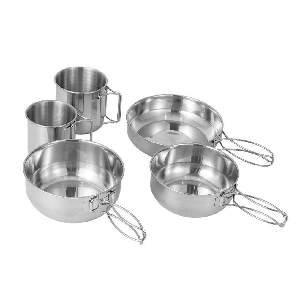 TOMSHOO 5pcs Camping Cookware Set Outdoor Portable Picnic Cookware Kit Stainless Steel Travel Tableware Cooking Accessory Bowl Cups Pan Set