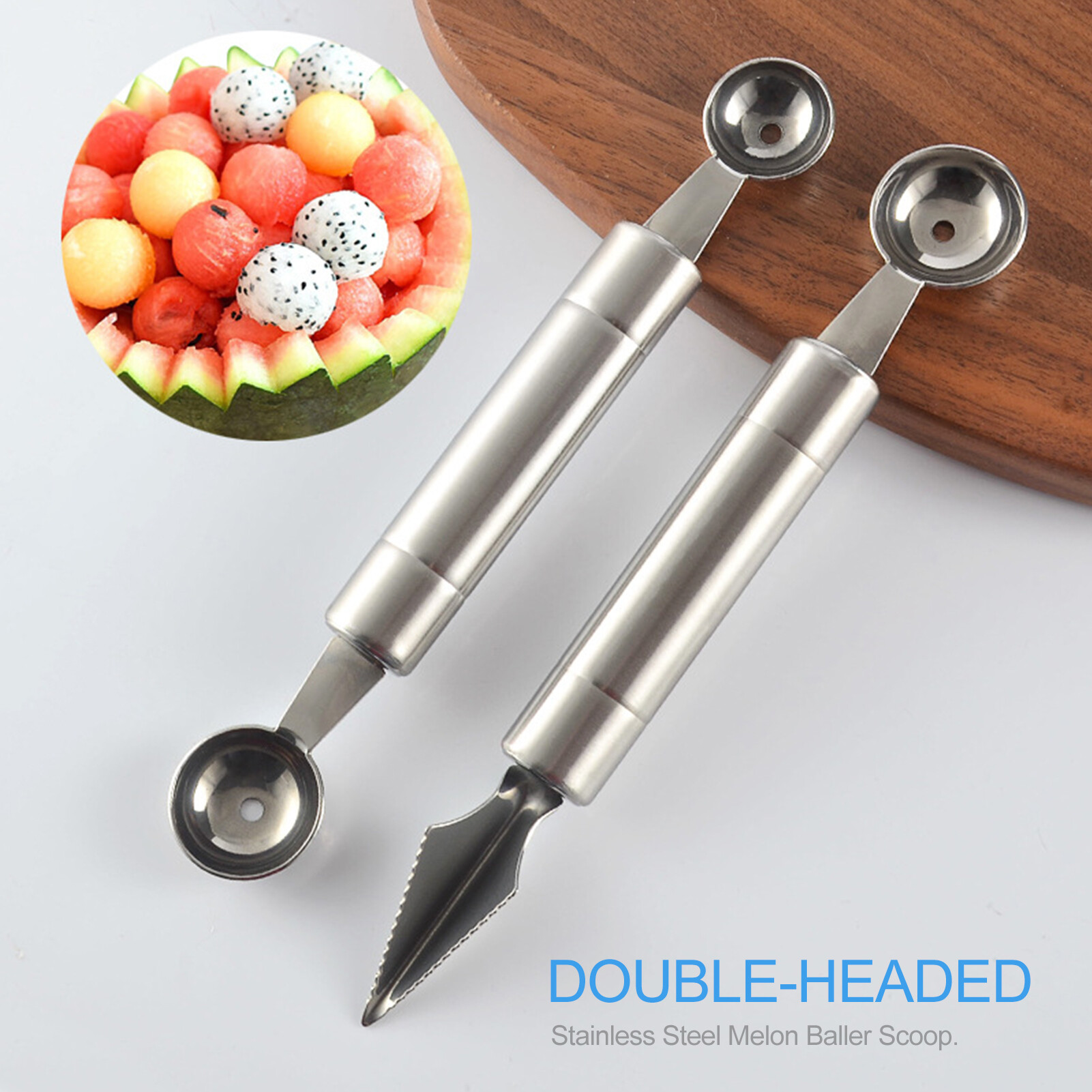 Melon Baller Scoop Stainless Steel Fruit Decoration Carving Ice Cream Sorbet Dessert Dual Function Ball Spoon DIY Cooking Spoon for Kitchen Tools